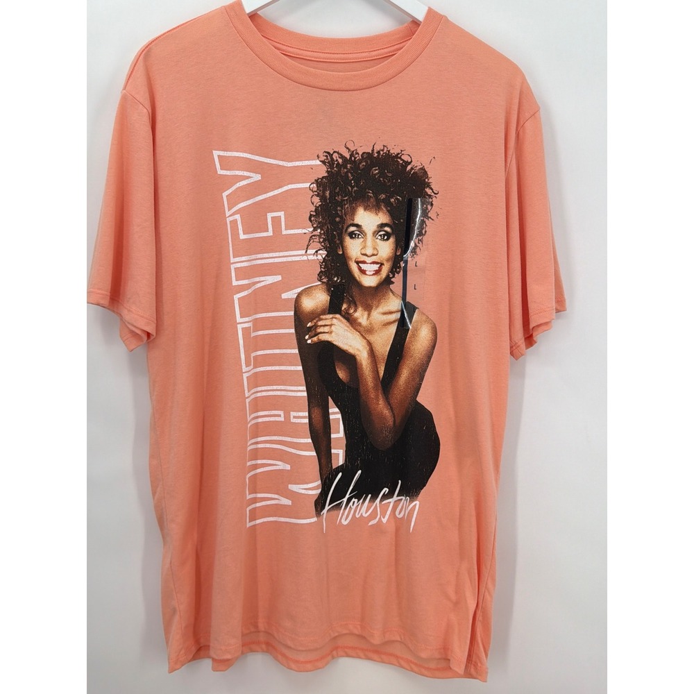 Whitney Houston Graphic Tee Peach Short Sleeve Shirt Large Goodie Two Sleeves